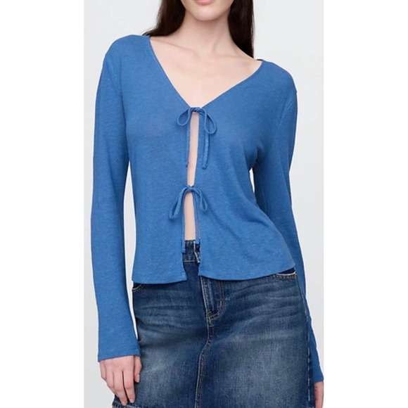 GAP Tops - NWT Gap Size Medium Tall Linen Blend Front Cardigan Shirt Long Sleeve Royal Blue